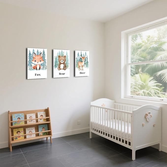 LZIMU Nursery Animal Canvas Wall Art 3 Pieces Cute Animal Baby Picture Prints Woodland Nursery Painting for Kids Boy Girls Room Decor Framed (Green, 16x24inchx3 Pieces)