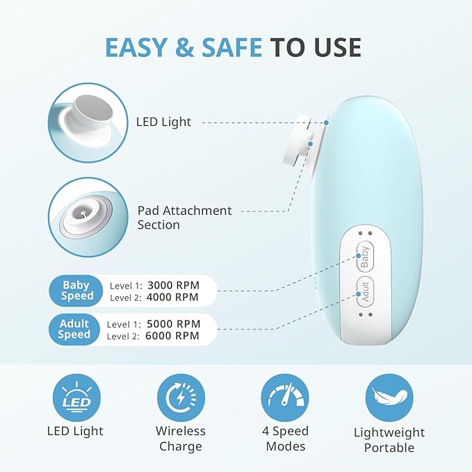AIRSEE Premium Newborn Gift, Electric Baby Nail File, Cordless Safe Nail Trimmer for Infant, 6 Replacement Heads with Magnetic Storage Case, 360° Light, Baby Clipper, Christmas, Light Blue