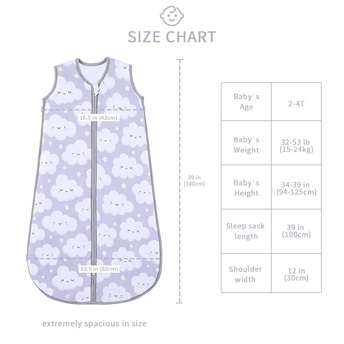 Baby Sleep Sack 2-4 T 95% Rayon from Bamboo 5% Spandex Boys & Girls Wearable Blanket 1.0 TOG Toddler Sleeping Sack 2- Way Zipper X-Large Cloud