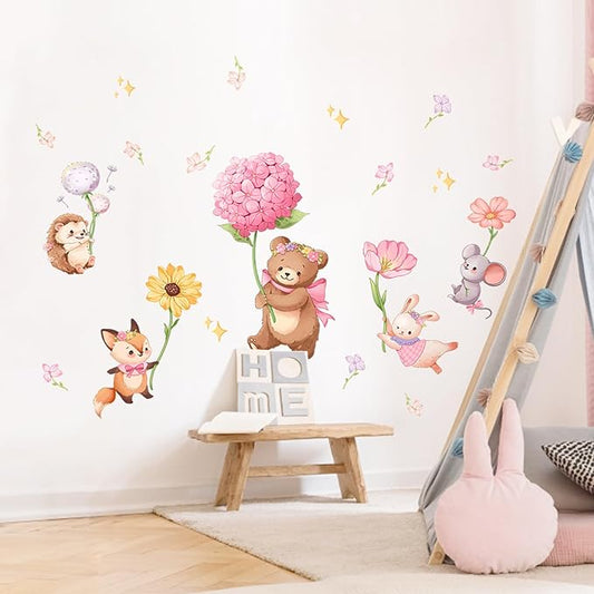 Pink Cartoon Animal Wall Decals, Bear Squirrel Rabbit Holding Flowers Flying Wall Stickers Peel and Stick Wall Decal Self Adhesive Wall Art Sticker for Girls Baby Nursery Kids Room Home Decor