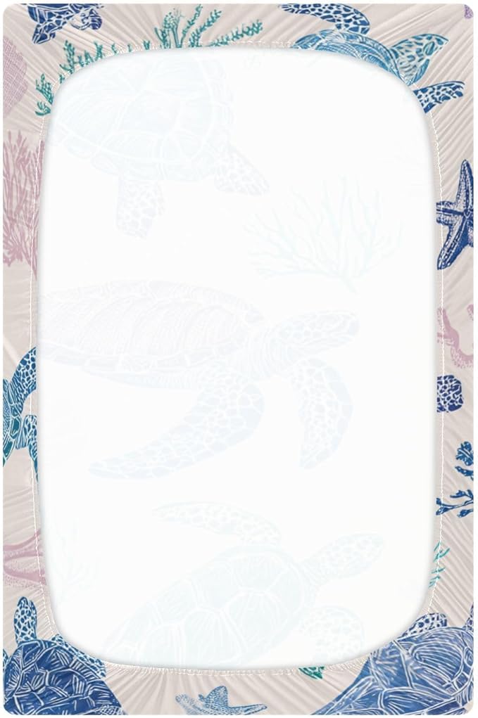 Line Turtles Starfish and Coral Crib Sheets Standard Crib Toddler Mattresses Cover Fitted Baby Bed Sheet Breathable Crib Mattress Sheet for Girls Boys 39''x27''x9''