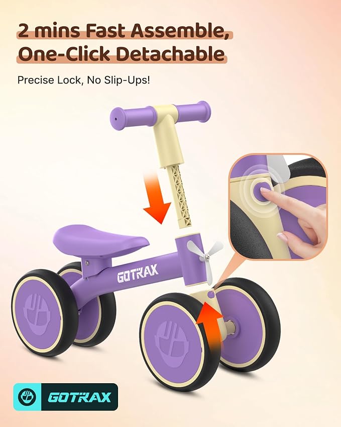 Gotrax Baby Balance Bike 1-2 Years, 7" Front&Rear Silent Wheels, Sturdy Steel Frame 66 lbs Load, Quick 2-Min Assembly, CPC Certified, Comfortable Soft Seat, Toddler Birthday Gift for Boys&Girls Purple