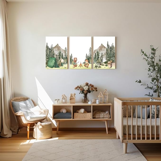 Camping Nursery Wall Art, Woodland Hiking Nursery Wall Decor, Bear Fox Print, Mountain Forest Wall Art, Outdoor Adventure Nature Picture for Baby Boy Girl Room Decor, Framed Set of 3, 16"x24"x3
