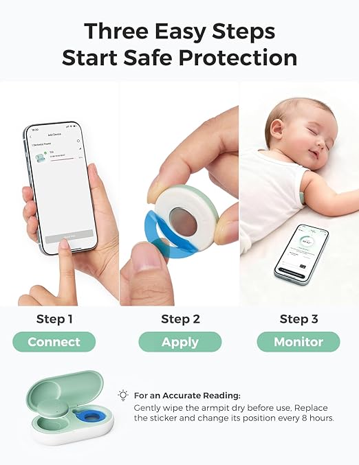 Momcozy Wearable Digital Thermometer for Baby, Medical-Grade Accurate Smart Thermometer, Instant Reads, APP Real-time Monitoring for Infants & Kids, Hypoallergenic 3M Stiker,Bluetooth, 180H Lasting