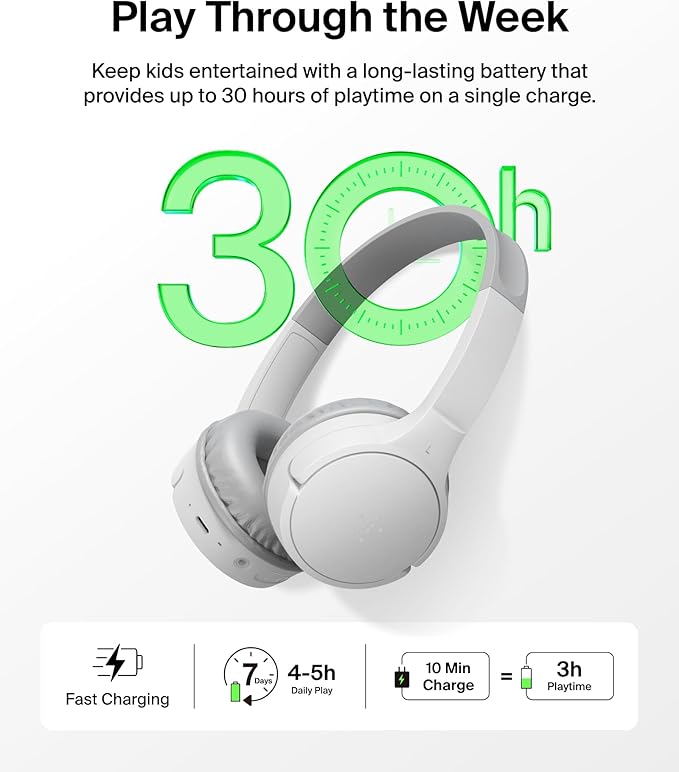 Belkin SoundForm Mini Kids Wireless Headphones w/Built-in Microphone, 30H of Playback Time, Fun Stickers, & Case - Over-Ear Headsets for Online Learning, School, iPhone, iPad, Galaxy, & More - White