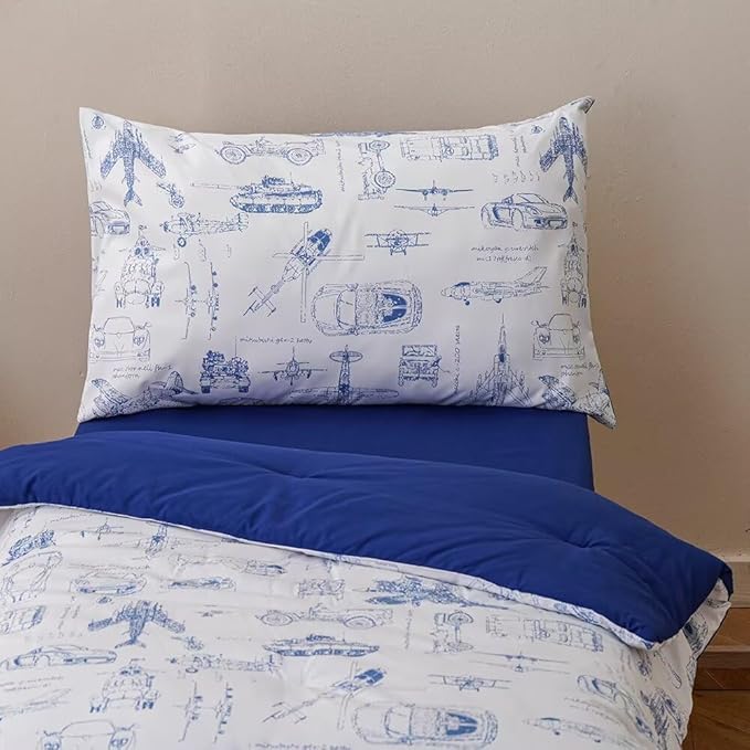 CLOTHKNOW Traffic Toddler Bedding Sets for Boys, 4 Pieces Bedding Sets Cars Airplane Tank Helicopter Pattern, Soft Crib Bed Set Including Comforter, Flat Sheet, Fitted Sheet and Pillowcase