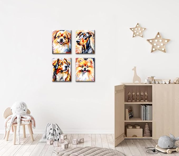 Framed Dog Wall Art Prints,Lovely Dog Canvas Wall Art,Set of 4 Funny Pet Dogs Prints,Colorful Impressionism Animals Wall Art for Living Room Bedroom Office Decor(8"x10")