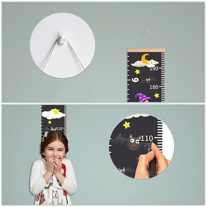 Baby Height Growth Chart - Canvas Height Chart for Kids Baby Child Toddler Boys Girls Growth Chart for Wall Room Nursery Decor Hangable and Removable Measuring Wall Ruler (Witch, Beige Wood)
