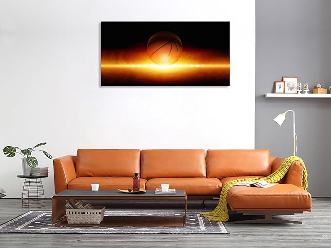 KUNHAAH Wall Art Canvas Painting Abstract Sports Background 1 Piece Basketball Bright Spotlight from Glowing Horizon Picture Poster Print Framed and Stretched Ready to Hang for Living Room Bedroom