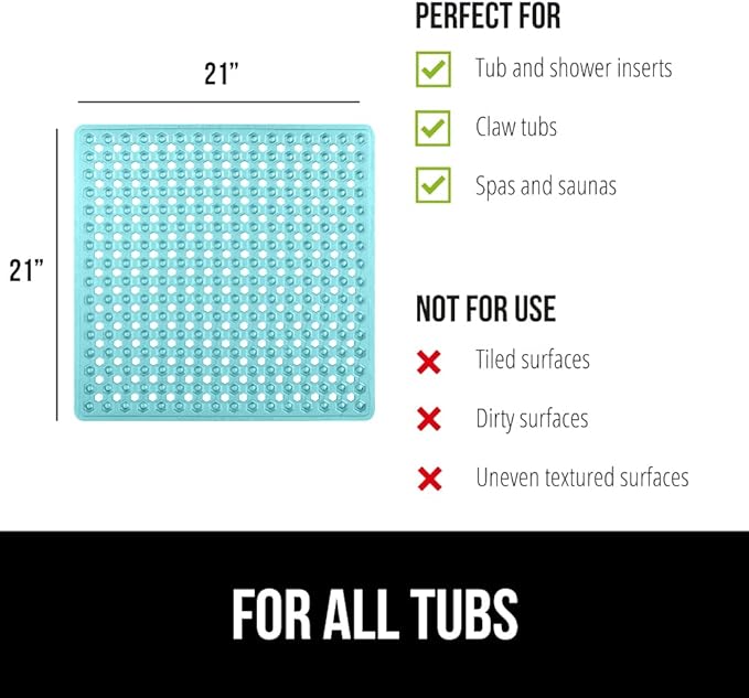 GORILLA GRIP Patented Square Shower Stall Mat, Small Bathtub Floor Mats for Stand Up Showers, Suction Cups and Drainage Holes, Machine Wash, Soft on Feet, Bathroom Accessories 21x21 Inch, Turquoise