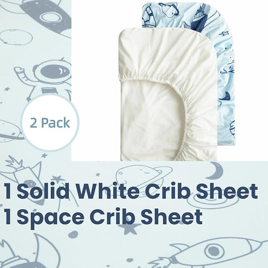 SDIII 2 Pack Astronaut Space Crib Sheets for Boys Girls 52×28 Stretchy Microfiber Jersey Knit Space Sheet for Standard Crib and Toddler Mattress