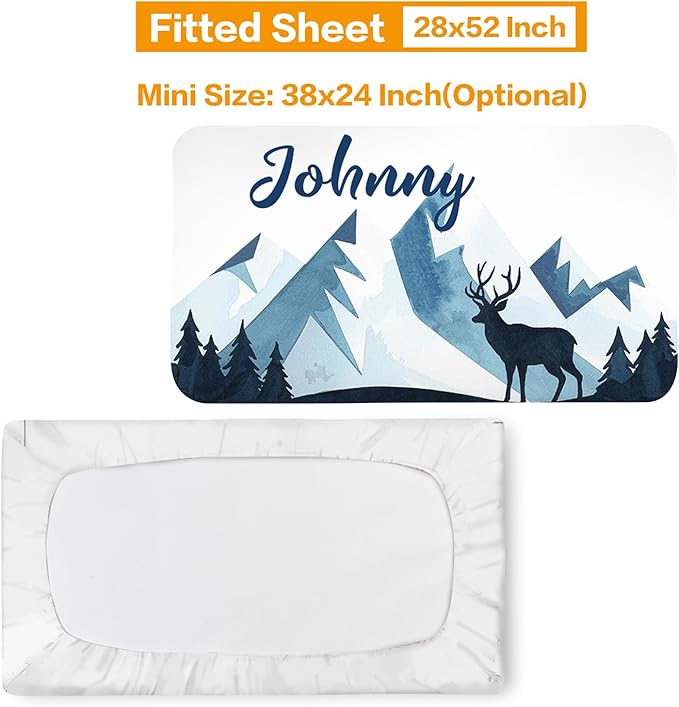 Custom Baby Bedding Set, Personalized Blue Deer Forest Bedding, Baby Blanket Fitted Sheet Changing Cover Nursery Rug Room Decor Gift Idea