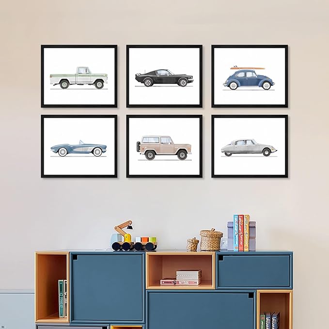 Blue Car Wall Art Decor Boys Room Wall Art Vintage Cars Canvas Poster Pictures Toddler Kids Room Prints Watercolor Vehicle Artwork Painting for Boys Bedroom Nursery 12x16 Inch Black Framed Set of 6
