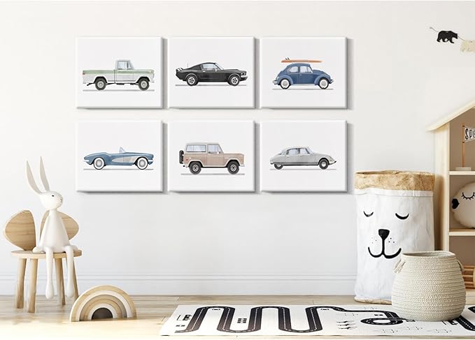 Blue Car Wall Art Decor Boys Room Wall Art Vintage Cars Canvas Poster Pictures Toddler Kids Room Prints Watercolor Vehicle Artwork Painting for Boys Bedroom Nursery 12x16 Inch Framed Set of 6