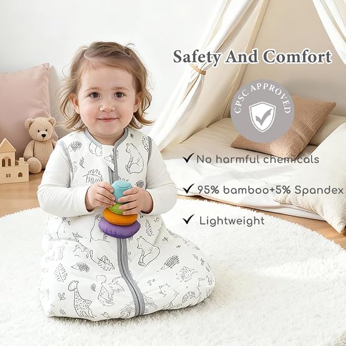 Baby Sleep Sack 12-18 Months 1.5 TOG, 2 Pack Bamboo Baby Wearable Blanket with 2-Way Zipper, Infant Toddler Sleeping Sack for Newborn Boys and Girls, Giraffe Bear