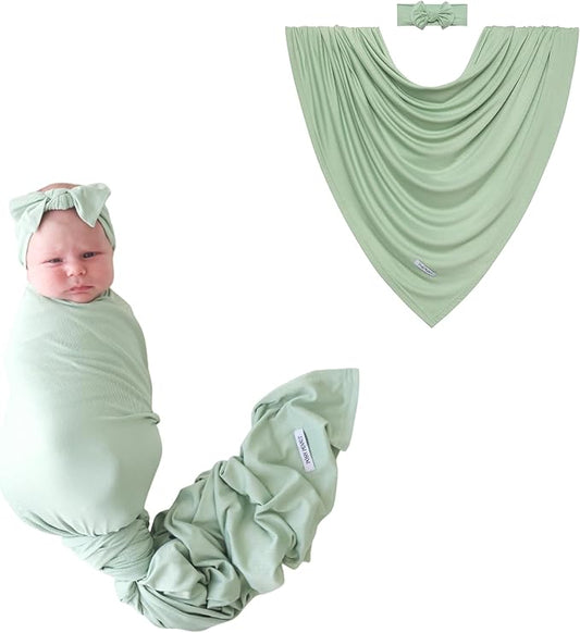 Posh Peanut Swaddle Blanket & Headband Set – Viscose from Bamboo Stretchy Baby Swaddle for Newborn Girls, Receiving Blanket or Nursing Cover (Sage)