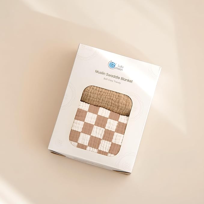 lulumoon Muslin Swaddle Blankets for Baby: Soft Cotton Newborn Receiving Blankets - Plaid Print Nursery Gift Set for Baby Girls(Mocha Plaid)