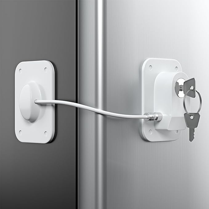 Refrigerator Lock 2 Packs, Fridge Lock with Silicone Wire Protection Fridge Locks for Kids Easy to Use and Install Cabinet Locks with Key, White