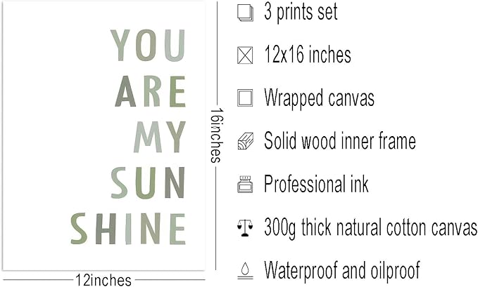 Boho Wall Art Set of 4 Sage Green Nursery Wall Decor You Are My Sunshine Canvas Painting Prints Daisy Flower Cute Heart Pattern Posters Baby Room Pictures for Bedroom Kid Girls Room 12x16 In Framed