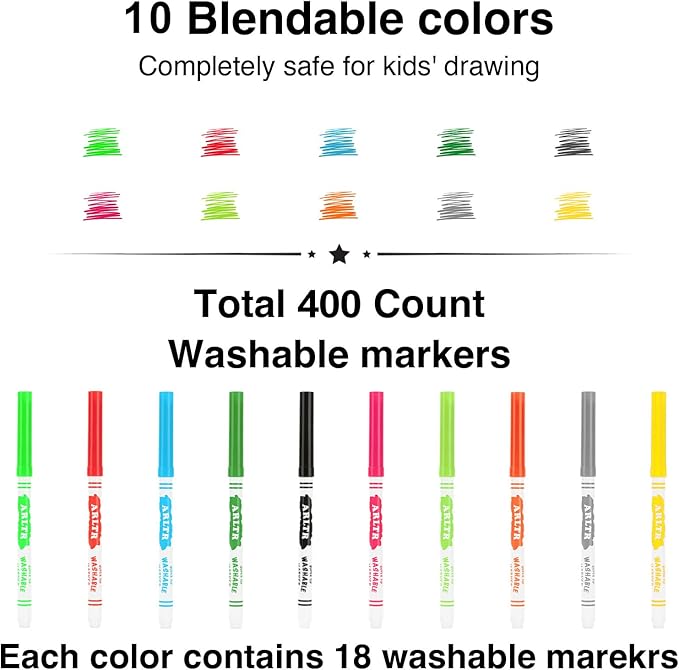 ARLTR Washable Markers Bulk, Bulk Pack of 400 in 10 Vibrant Colors with Super Tip - Perfect for Kids' Classrooms & Teachers