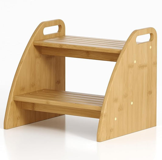 Step Stool, Two Stepping Stool 300lbs Capacity, with Non-Slip Handles and Pads,Bamboo Step Stool for Bathroom Sink, Perfect Natural Wooden Step Stool for Kitchen