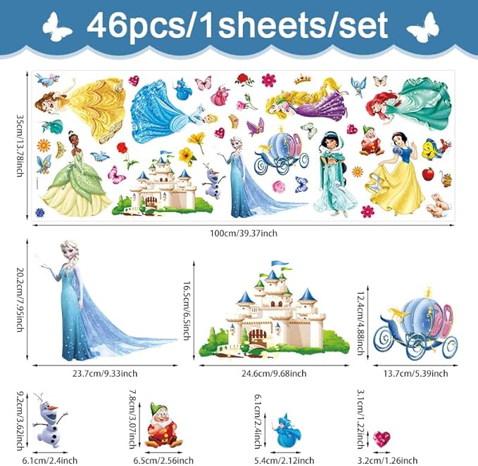 Wall Stickers for Kids, Cartoon Character Stickers for Children Room, DIY Removable Stickers for Baby Kids Nursery Girls Bedroom Living Room Playroom Wall Decoration by HeyAlpha (Princess)