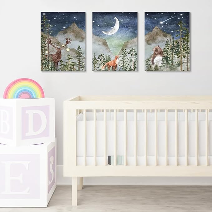 SKYSUKEY Boho Nursery Wall Decor, Wild Forest Kids Wall Art, Dark Blue Star Night Moon Netural Mountain Wall Art, Fairy Animals Nursery Decor, Nature Prints for Boy Girl, Set 3 Framed, 12"x16"