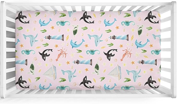 Colorful Sea Animals Baby Crib Sheet 52''x28'' Ocean Whale Dolphin Turtle Shells Coral Lighthouse Ship Stretchy Fitted Crib Mattress Cover for Boy Girl Baby Sheets for Standard Crib Toddler Mattress
