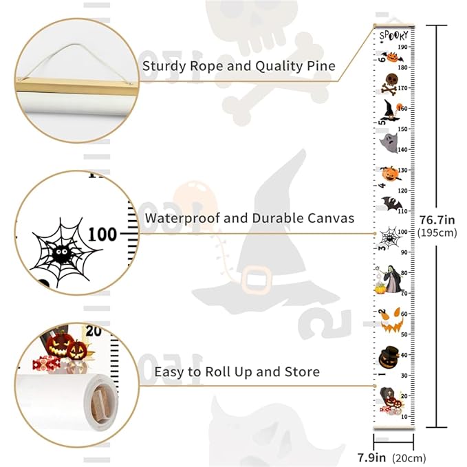 Halloween Baby Height Growth Chart - Canvas Height Chart for Kids Baby Child Toddler Boys Girls Growth Chart for Wall Room Nursery Decor Hangable and Removable Measuring Wall Ruler (B, Beige Wood)