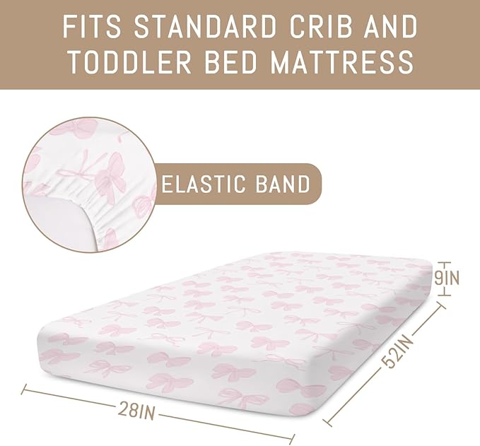 Pastel Pink Bows Baby Crib Sheets for Boys Girls Preppy Girly Ribbons Soft Snug Fitted Crib Mattress Covers for 52''x28'' Standard Crib & Toddler Mattress Cute Valentine Bows Nursery Bed Sheets