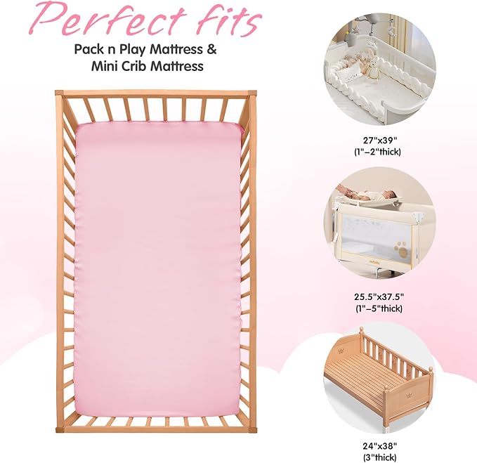 Horbaunal 2 Pack Satin Pack n Play Sheets for Baby with Sensitive Hair and Skin, Silky Mini Crib Sheets 38" x 24" x 5", Soft Playard Sheet Protector Baby Mattress Sheet, Blush Pink & White