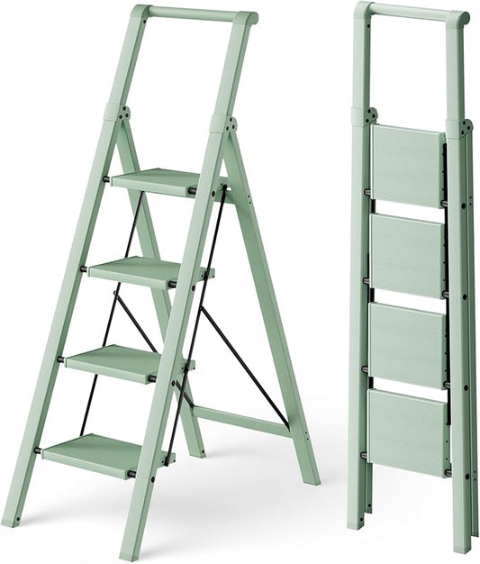 HillhutApex 4 Step Foldable Aluminum Step Ladder with Handgrip, Anti-Slip Pedal, 330 lbs Capacity, Lightweight & Portable for Home, Kitchen, Office, Garage (Pale Green)