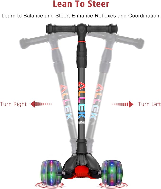 Allek Kick Scooter B02, Lean 'N Glide Scooter with Extra Wide PU Light-Up Wheels and 4 Adjustable Heights for Children from 3-12yrs (Black)
