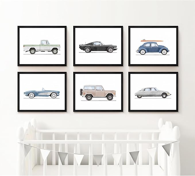 Blue Car Wall Art Decor Boys Room Wall Art Vintage Cars Canvas Poster Pictures Toddler Kids Room Prints Watercolor Vehicle Artwork Painting for Boys Bedroom Nursery 8x10 Inch Black Framed Set of 6