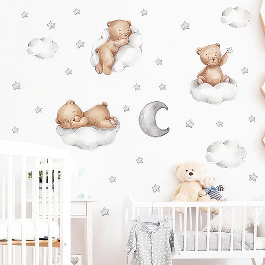 Cute Brown Sleeping Baby Bear Wall Stickers, sacinora Moon and Stars DIY Art Wall Decals Removable Vinyl Peel and Stick for Kids Baby Nursery Bedroom Toddler Room Kindergarten Decorations