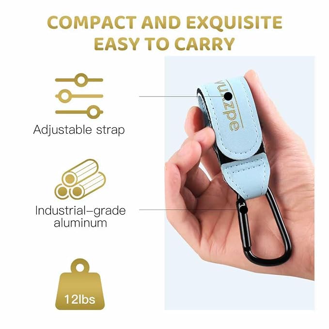 2 Pack Stroller Hooks for Hanging Diaper Bags and Shopping Bags, Accessories for Stroller and Shopping Cart, Heavy Duty Durable Large Carabiner, Advanced Faux Leather, Baby Blue