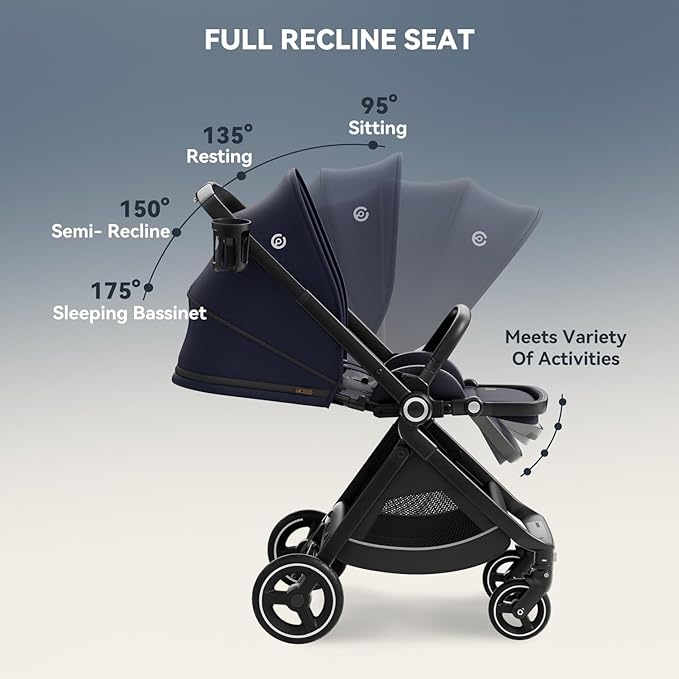 EMU Full-Size Foldable Baby Stroller Full Recline Cockpit Compact Toddler Stroller with Reversible Seat All-Terrain Newborn Infant Pram Carriage for City Outdoor - Dark Blue