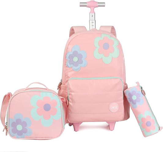 kingdisen Girls Kids Rolling Backpacks, Carry on Backpack with wheels (FLOWER PINKISH ORANGE)
