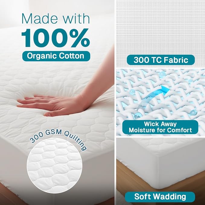 FABDREAMS Organic Quilted Mattress Protector Twin XL Size | Mattress Pad| Mattress Cover| Naturally Breathable | Noiseless| Fits up to 17" Deep Pockets| Temperature Regulating | White