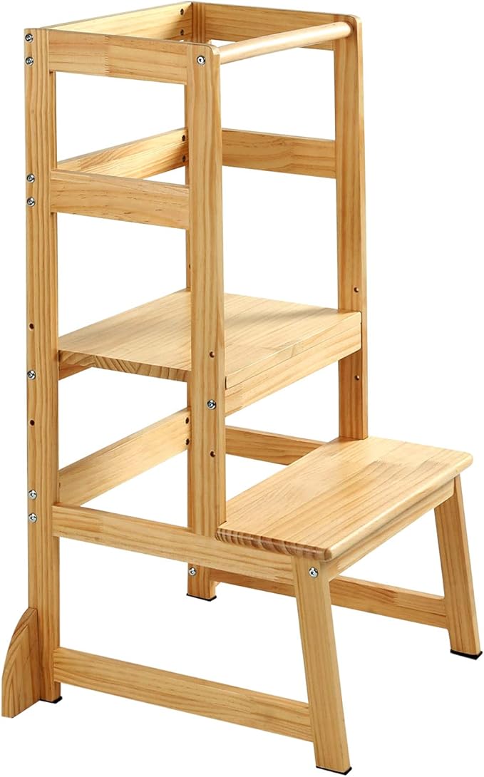 Mother's Helper Adjustable Height Kitchen Step Stool, Kids Helper Learning Stool Toddler Tower with Safety Rail for Kitchen Counter, Montessori Stool (Natural)