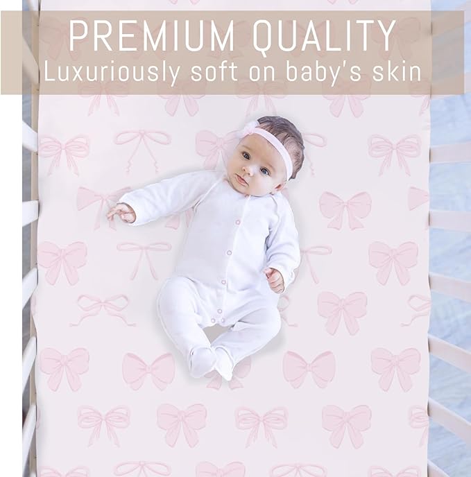 Pastel Pink Bows Baby Crib Sheets for Boys Girls Preppy Girly Ribbons Soft Snug Fitted Crib Mattress Covers for 52''x28'' Standard Crib & Toddler Mattress Cute Valentine Bows Nursery Bed Sheets