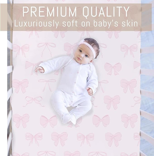 Pastel Pink Bows Baby Crib Sheets for Boys Girls Preppy Girly Ribbons Soft Snug Fitted Crib Mattress Covers for 52''x28'' Standard Crib & Toddler Mattress Cute Valentine Bows Nursery Bed Sheets