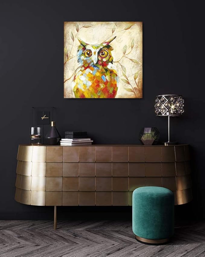 Funny Animal Owl Oil Paintings Canvas Wall Art for Kid's Room Decoration Wall Decor Ready to Hang 24x24 inch
