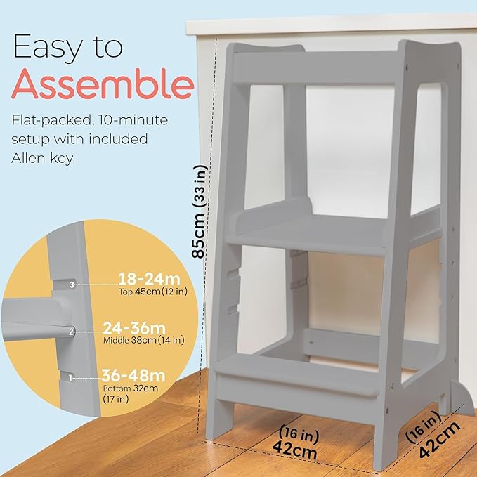 Stepup Baby Toddler Step Stool - Adjustable Height Kids Helper Step Stool, Durable, Non-Slip and Bathroom Sink, Platform for Kitchen, Toddler Tower for Exploration and Growth - Grey
