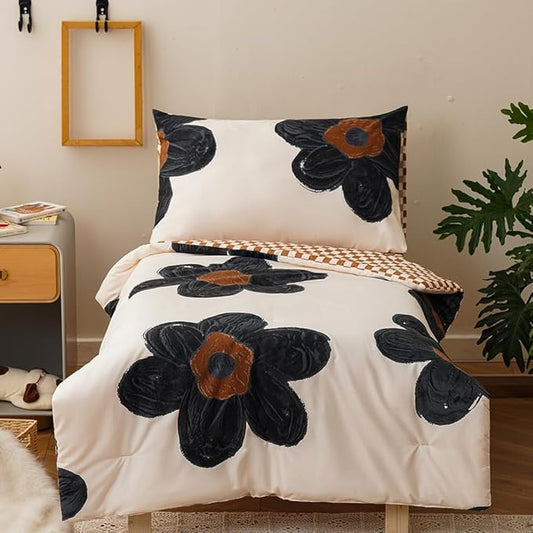 CLOTHKNOW Black Floral Toddler Bedding Sets for Girls, 4 Pieces, Sunflower Pattern, Soft Crib Bed Set Including Comforter, Flat Sheet, Fitted Sheet and Pillowcase