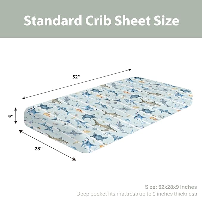 Blue Sharks Baby Crib Sheets for Boy Girl 28"x52" Sea Animals Shark Striped Corals Soft Snug Fitted Crib Mattress Covers Nautical Sharks Baby Sheet for Standard Crib and Toddler Bed Mattress
