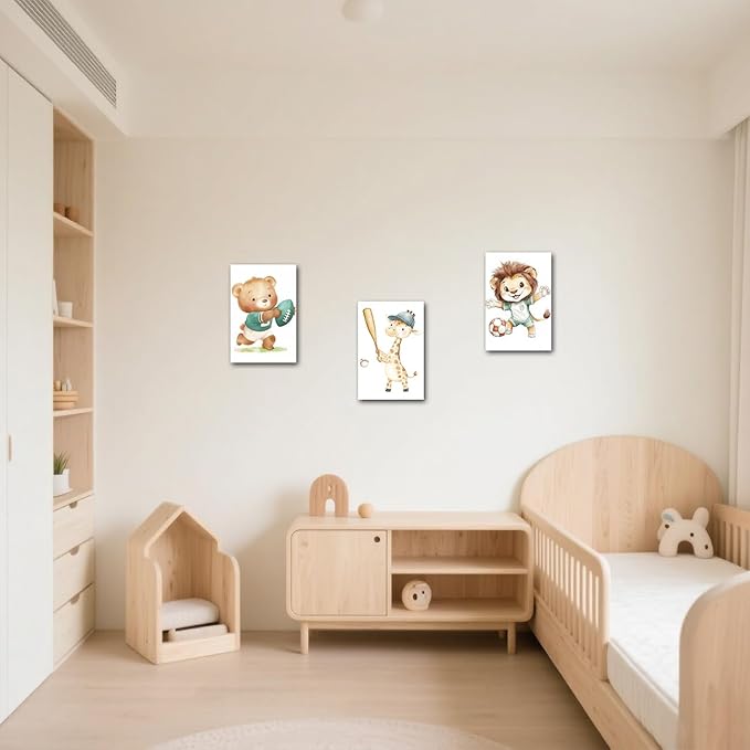LZIMU Nursery Animal Canvas Wall Art 3 Pieces Cute Animal Baby Picture Prints Woodland Nursery Painting for Kids Boy Girls Room Decor Framed (Brown, 11x14inchx3 Pieces)