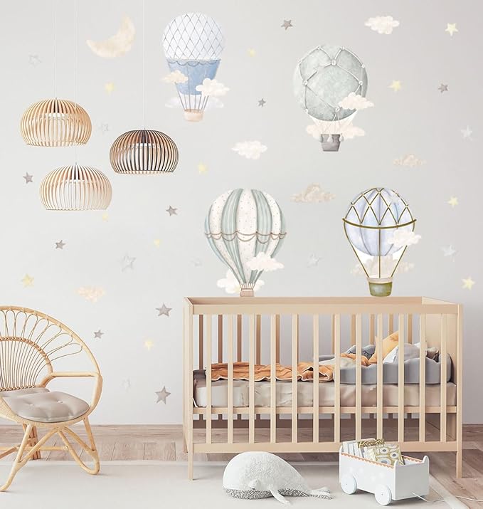 YIMEHDAN Watercolor Hot Air Balloon Wall Decals, Stars Clouds Balloon Vinyl Wall Stickers, Peel and Stick Colorful Artwork for Nursery Bedroom Toddler Room Playroom Decor