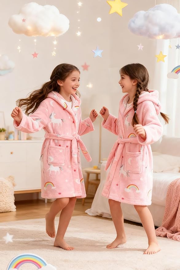 Boys Girls Robe Kids Flannel Hooded Bathrobe Sleepwear Pajamas Toddler Soft Plush Robes for Girls 2-16 Years