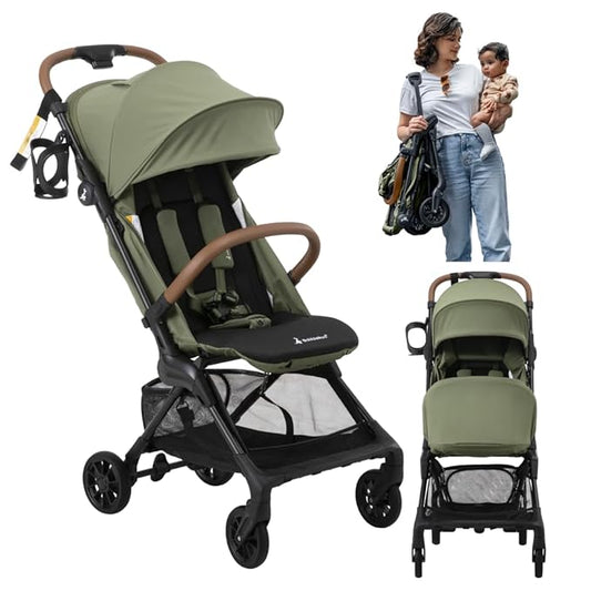 BabbleRoo Hoplite Compact Stroller – Lightweight Travel Stroller for Airplane (12.3 lbs), Newborn to 55 lbs, Easy Fold, PU Wheels, Alloy Frame, Near-Flat Recline, Raincover, Cup Holder, Baby Stroller
